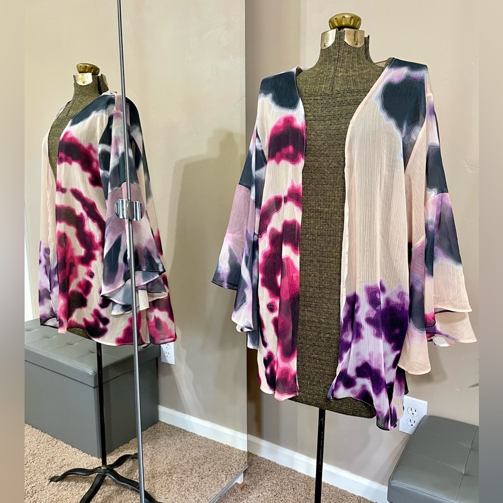 Boho Sheer Kimono Cardigan Tie Dye Bell Sleeve Chiffon Cover Up Open Front L/XL - Picture 3 of 15